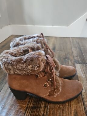 Bass Brown Suede Faux Fur Lace-Up Ankle Boots